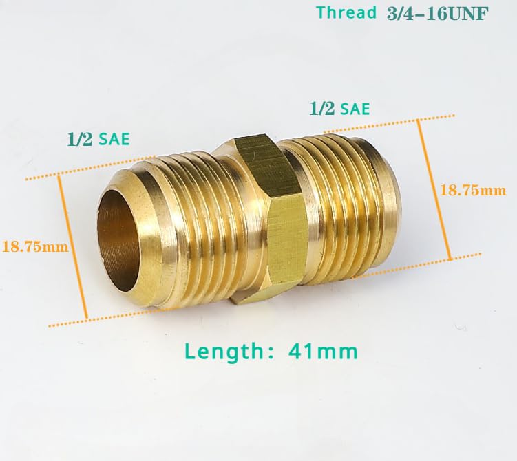 Equal Reducer Nipple Flare Tube OD 1/4" 5/16" 3/8" 1/2" 5/8" 3/4" 7/8" SAE-Standard Brass Pipe Fitting Connector Air Coniditoner(1l2 to 1l2 SAE)