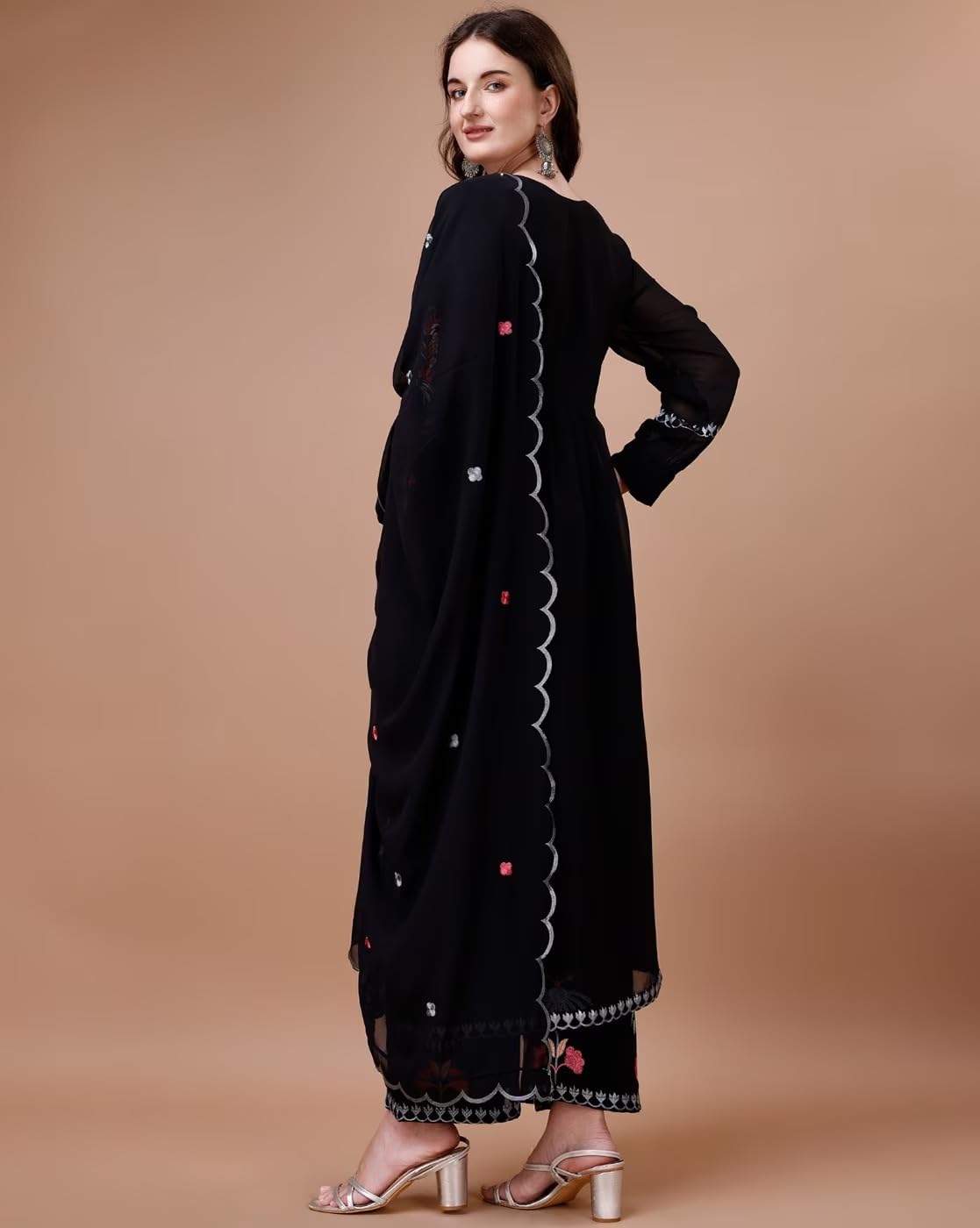 Fashion Basket Women's Faux Georgette Embroidered Straight Kurta With Dupatta Black