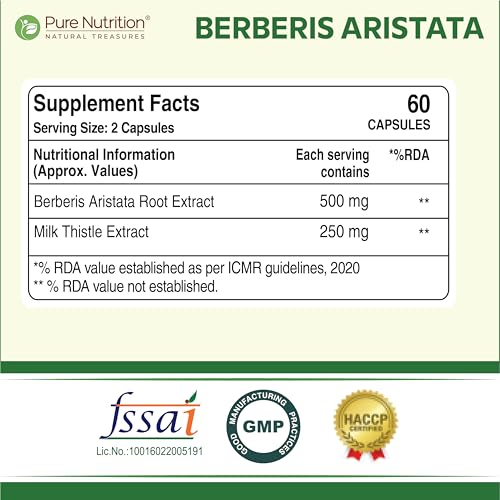 Image of Pure Nutrition Berberis Aristata Supplement | 95% Berberine and Milk Thistle | Berberine for Weight Loss Supports Liver Health & Antioxidant | Herbal Formula for Detox Liver & Metabolic Wellness - 60 Veg Capsules