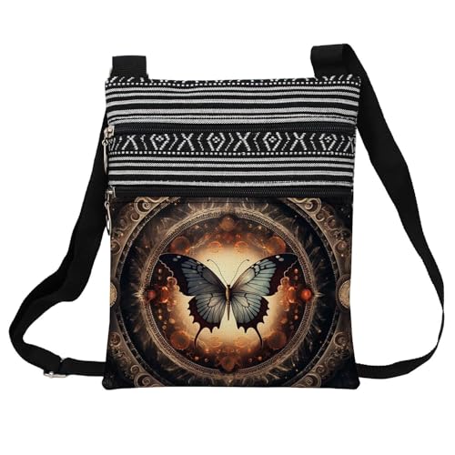 Punk Butterfly Messenger Bag Small Ethnic Pattern Printed Adjustable Strap Crossbody Zipper Bag Punk Butterfly Phone Bag Wallet Cute Shoulder Handbag for Women Friends