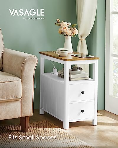 VASAGLE Side Table with Charging Station, Narrow Nightstand with 2 Drawers, Living Room End Table with Storage, for Small Spaces, Coastal Style, Rustic Walnut and Classic White ULET322T14 - Image 5