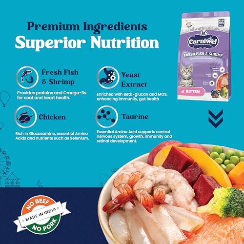 Image of Carniwel Fresh Fish & Shrimp Kitten Dry Cat Food 400 gm | Fresh & Natural Ingredients | Highly Palatable | Supports Healthy Skin & Glossy Coat | Premium Nutrition