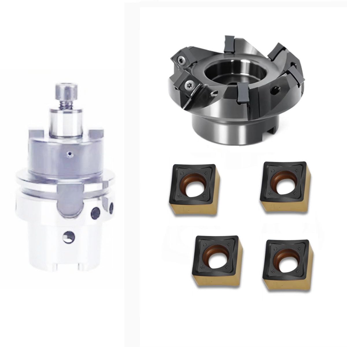 Face milling Cutter Set, 45 °, HSK50A-FMB22-2″+SNGX1206-070-22-SN12-05T， Milling Diameter 70mm, 5 Edges, Installation Inner Hole 22mm. Comes with 10pcs milling Inserts SNGX 1206ANN