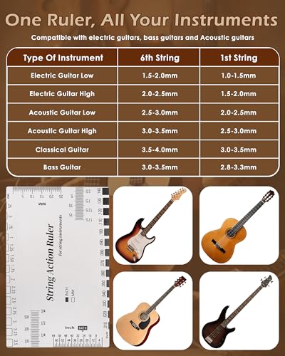 Image of String Action Gauge Ruler, Professional Guitar Setup Tool with Dual mm & 1 /64 inch Scales - for Electric, Acoustic, Bass Guitars - Includes Measurement Chart & Protective Sleeve - Print Silver Edition