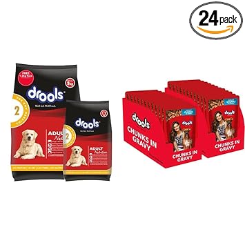 Drools Chicken and Egg Adult Dog Food, 3 kg with Free 1.2 kg & Adult Wet Dog Food, Real Chicken and Chicken Liver Chunks in Gravy, 24 Pouches (24 x 150g)