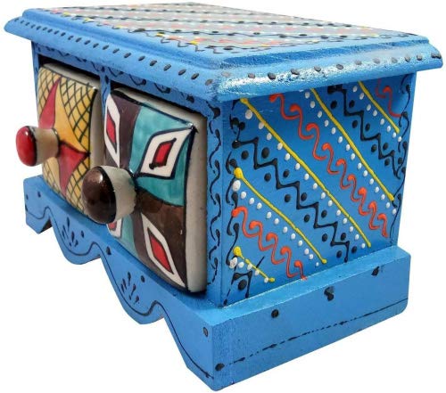 India Meets India Handmade Crafted Wooden and Ceramic Small Chest of 2 Decorated Drawer Jewellery Organizer, Chest Drawer Handicraft
