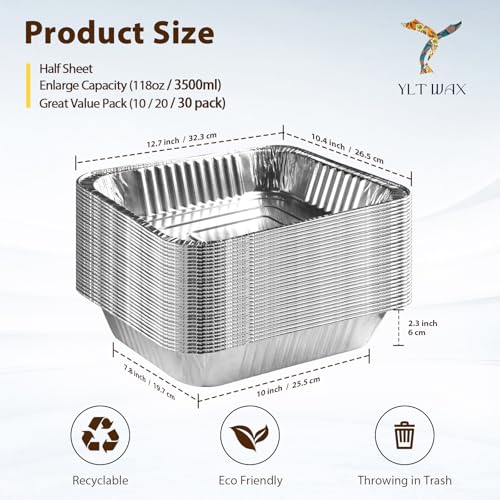 Image of YLT WAX 9x13 Disposable Aluminum Foil Pans 30 Pack, Durable Half Size Deep Extra Heavy Duty Food Containers for Baking, Cooking, Roasting, Heating or Steam Table