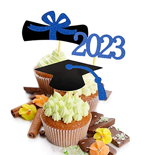 Yubobo Graduation Decorations 2023 Cupcake Toppers Glitter Food/Appetizer Picks White Sliver Blue Party Supplies Diploma Grad Cap Favors Cake Table Drinks Hamburger Decorations (Blue) #TOP1