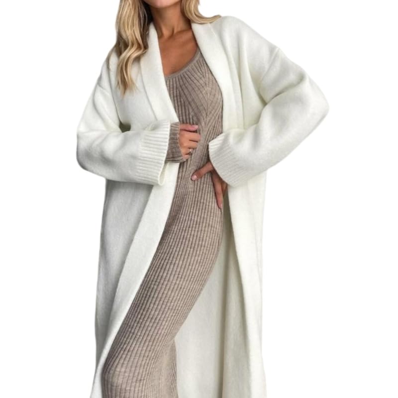 Womens Long Sweaters Cardigan Warm Thick Open Front Lapel Knit Coatigan for Women Mid Length Jacket Long Blazer Coat