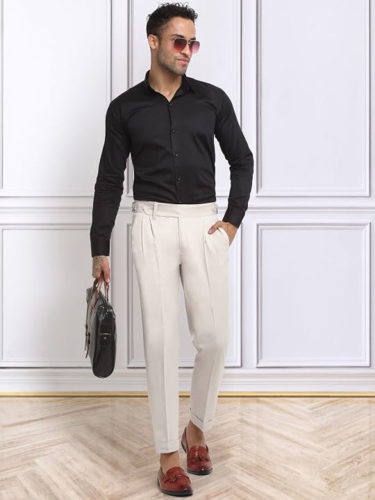 Vintage Tweed Slim Fit Trousers for Men, Herringbone Pleated Tailored Flat Front Formal Pant for Office Wear - Cream2