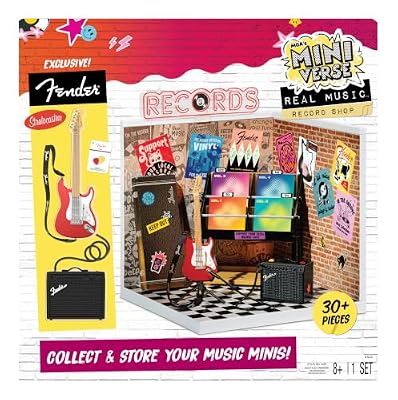 MGA's Miniverse Real Music Record Shop Deluxe Display Set, Licensed Fender Guitar & Accessories, Mini Record Store Furniture, Customizable Music Shop Scene, Mini Collectibles, Ages 8+