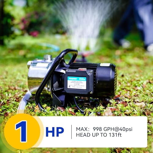 Image of Acquaer 115V Shallow Well Garden Pump, Stainless Steel, Sprinkler Water Transfer Draining Irrigation Pump 998 GPH, for Water Removal Lawn Garden,1HP Portable