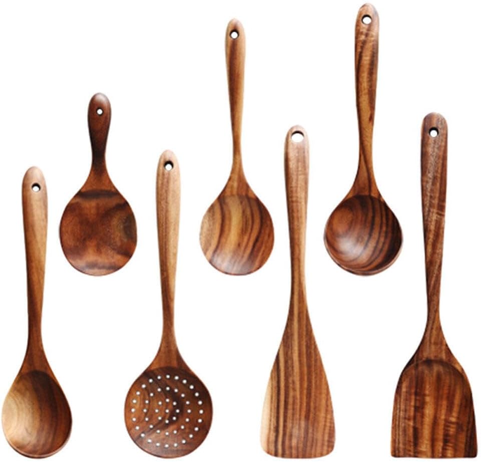 STOBAZA 1set Wooden Cooking Utensil Kit Natural Acacia Wood Spoons Non-stick and Versatile for Cooking and Serving Includes Smooth Strainer Spoon for Home Kitchen Use