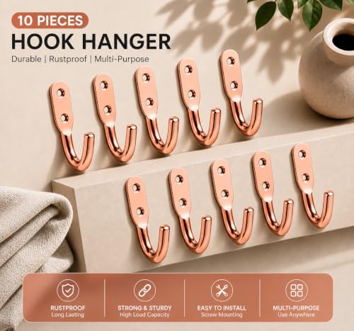 Image of iSTAR Stainless Steel Unbreakable J Type Hook Bathroom Hooks Cloth Hanger Wall Hook Door Robe Hooks for Hanging Keys,Clothes (Rose Gold-Pack of 10)