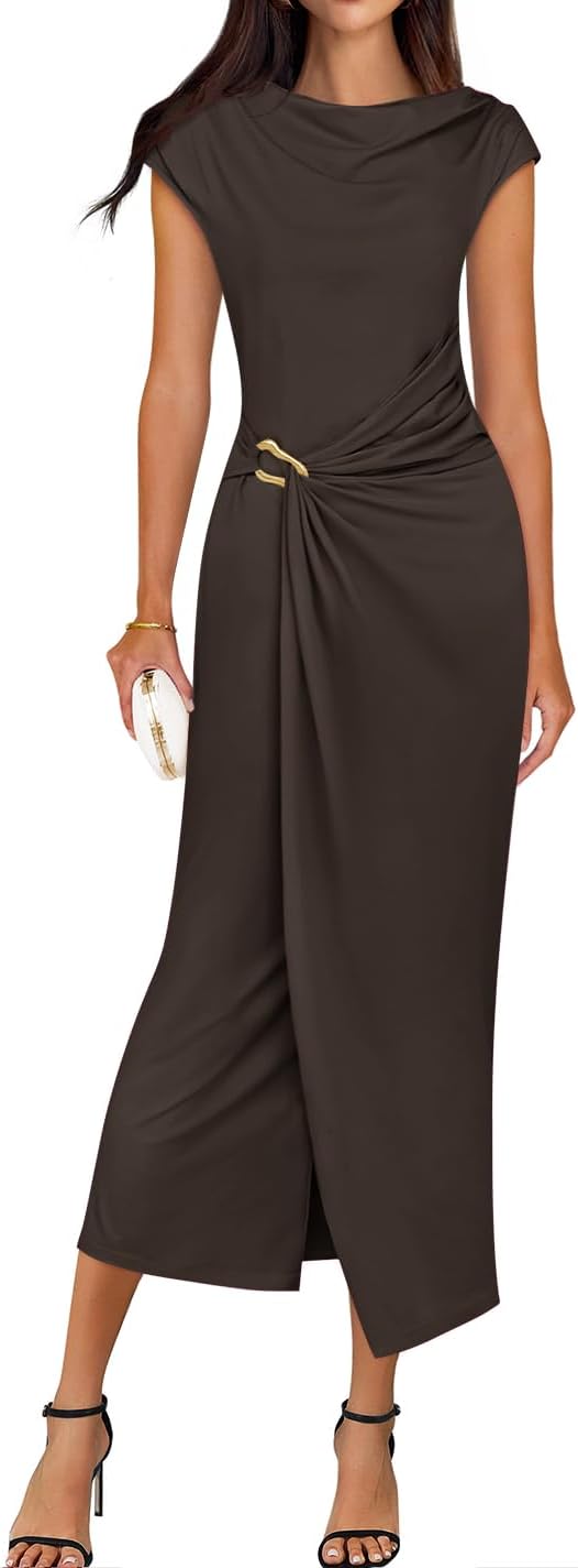 ZESICA Women's 2025 Summer Mock Neck Casual Bodycon Dress Cap Sleeve Elegant Cocktail Party Long Midi Dresses