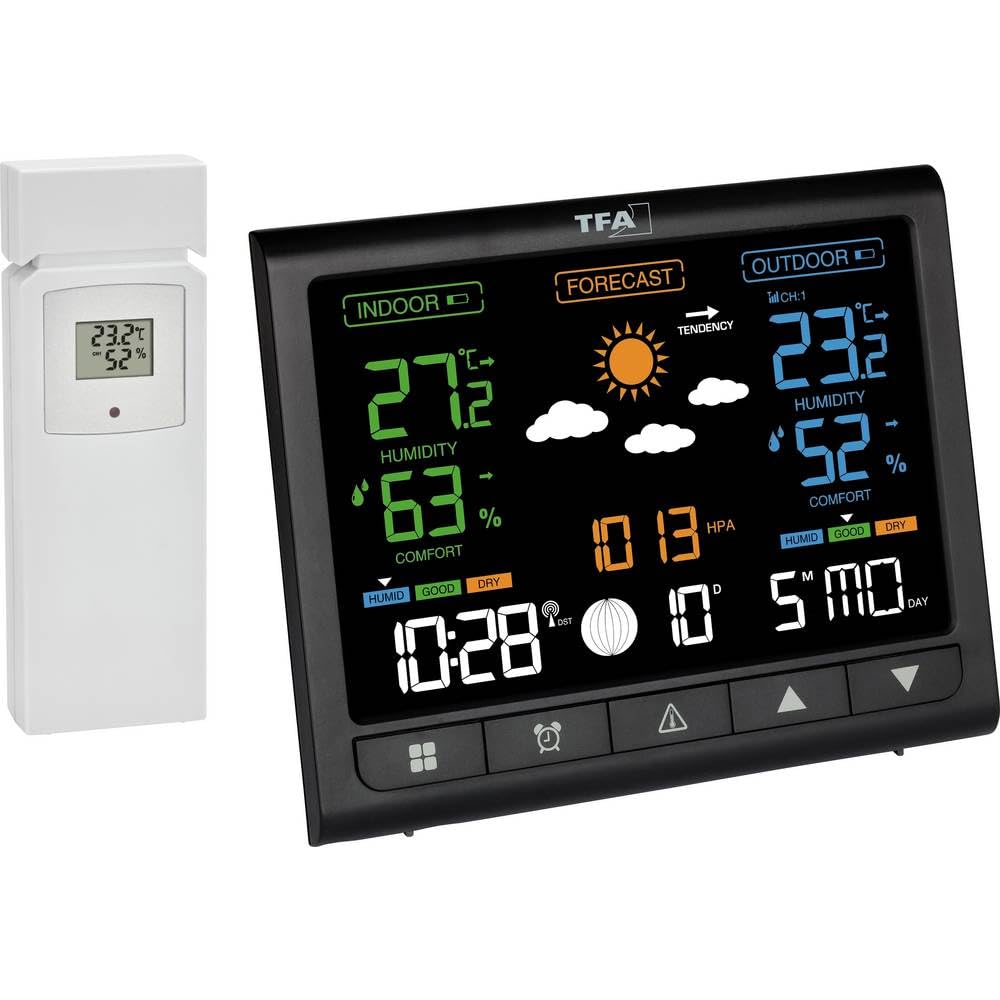 TFA Dostmann Station météo sans Fil avec capteur extérieur Contrast, 35.1171, écran VA, thermomètre/hygromètre pour intérieur, Alarme de température, Phase de Lune, Noir