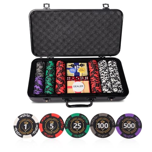 GUSTARIA Clay Poker Chip Set,300 PCS 14 Gram Chips with ABS Carrying Case,2 Decks of Cards, 5 Dice, 3 Buttons,Numbered Chips,Poker for Texas Holdem