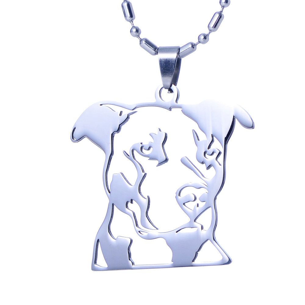 Stainless Steel Natural Ear Pitbull Pit Bull Staffordshire Bull Terrier Dog Head Outline Pet Dog Tag Breed Collar Charm Pendant Necklace