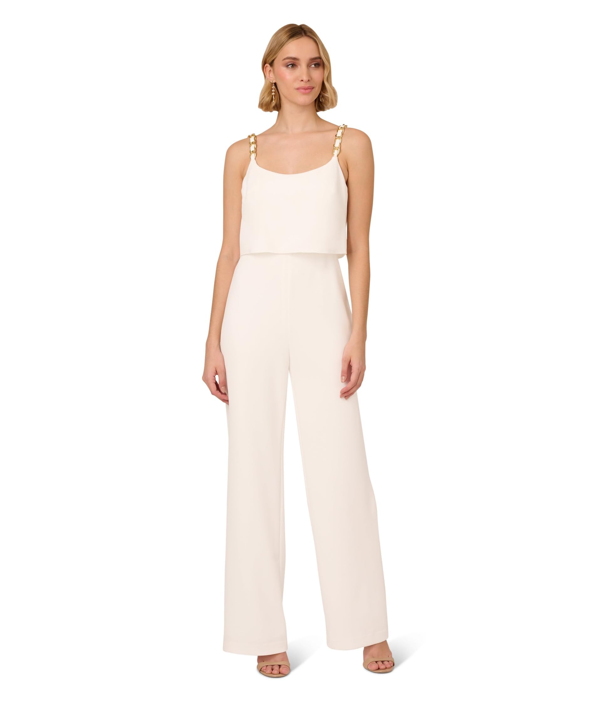 Adrianna Papell Womens Crepe Chain Strap Jumpsuit, Ivory, 8