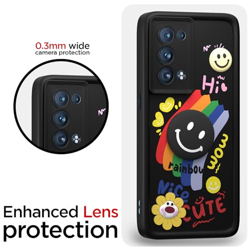 Image of Pikkme Back Cover for Oppo Reno 6 Pro Plus 5G | Soft Silicone| Cute Rainbow Smile & 3D Cartoon Flower Design | Shockproof Raised Camera Protection Bumper Case (Black)