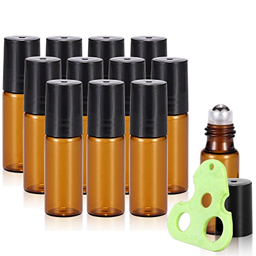 Olilia 5ml Amber Glass Essential Oils Roller Bottles with Stainless Steel Ball 12 Pack, Essential Oils Key included