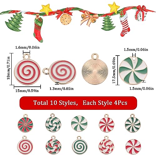 SUNNYCLUE 1 Box 40Pcs 10 Styles Candies Charms Christmas Candy Charms Bulk Flatback Round Holiday Charm Alloy Enamel Dangle Red Gold Plated Charm for jewellery Making Charms DIY Necklace Earring Adult - Image 2