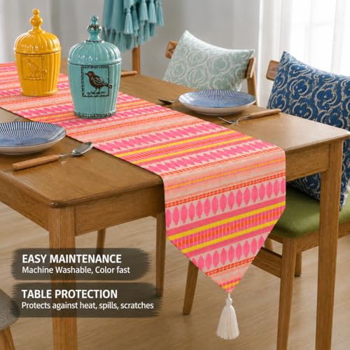 Image of STITCHNEST Woven Table Runner 13x60 Inches | Coral & Pink Geometric Design | Tassel Finish | Modern Dining Table Decor