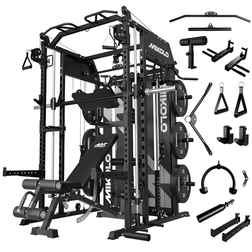 Mikolo Smith Machine with Weight Stack, Power Cage Home Gym System with LAT Pulldown & Cable Crossover, Multi-Functional Trainer with Dual Pulley System, BP 230lbs