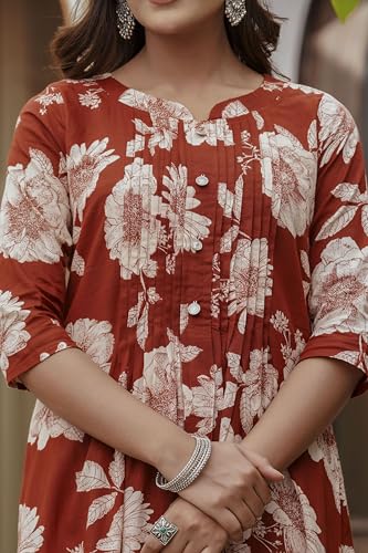 Image of NIVANA Floral Printed Kurta with Pant & Stripe Printed Dupatta | 3 /4 Sleeves | Round Notch Neck Button Detail