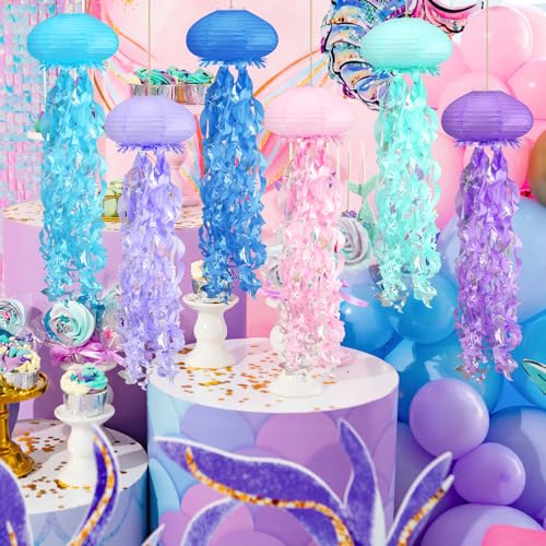 Image of Jellyfish Paper Lanterns Under The Sea Party Decorations for Mermaid Ocean Themed Birthday Party Decorations Baby Shower Classroom Decor 6pcs Blue Style Lantern