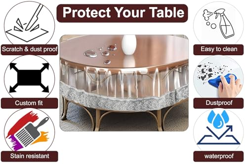 Image of The Furnishing Tree Round Shaped Center Transparent Table Cover WxL 36x36 inches 0.25 mm Thickness with Silver Lace
