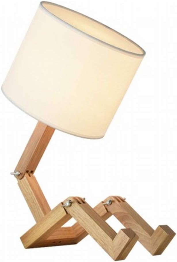 ROCCYBedside And Table Lamps Swing Arm Wood Desk Lamp Table Lamp With Wooden Base Creative Personality Small Robot Shaped Lamps Cloth Art Lampshade Children Led Eye Protection Table Lamp