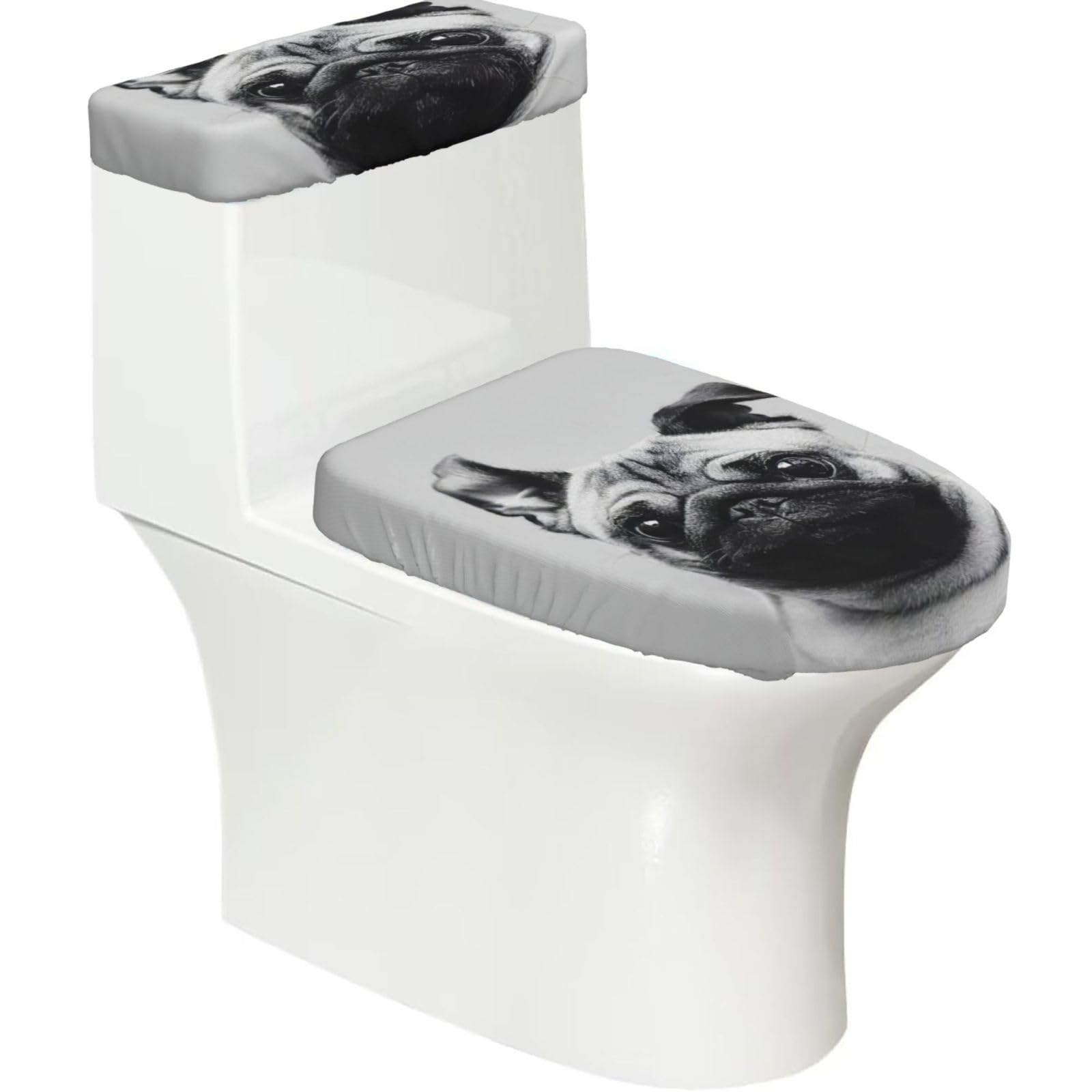 Edwal Black Pug Print 2 Pcs Elastic Toilet Seat Covers Set Washable Toilet Lid Cover Toilet Tank Cover For Bathroom