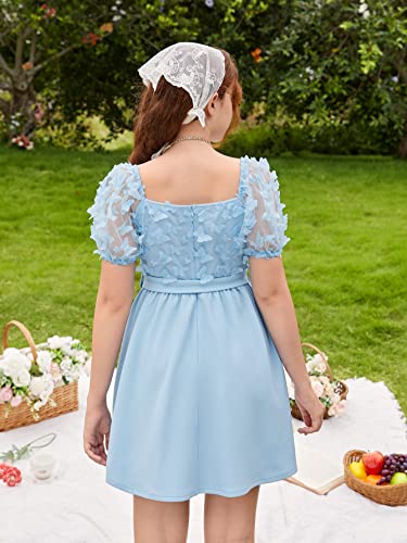 WDIRARA Girl's Butterfly Print Contrast Mesh Short Sleeve Square Neck Belted A Line Dress2