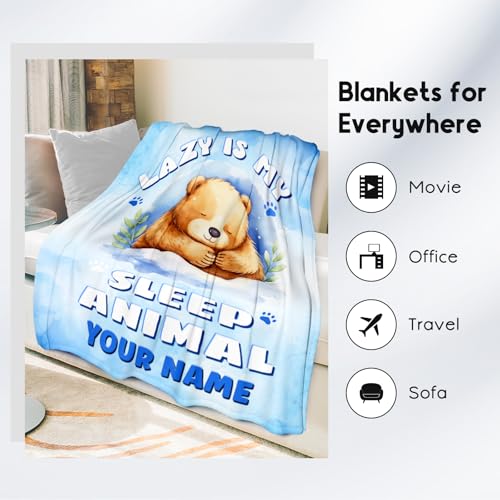 Custom Bear Blanket, Cute Soft Throw Gifts for Girls, Cozy Flannel Throw Blankets for Couch Office, Blue 40"x50"