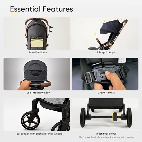 Image of Frido Autofold Travel Stroller for Babies, EN1888 Certified, One-Hand Auto-Fold & 5-Point Safety Harness, Lightweight Travel-Friendly Design with Suspension Wheels (0-4 Years, Gold Haze)