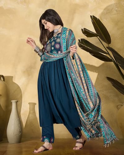 Image of SheWill Women's Mustard American Crepe Zari Sequence Embroidered Alia Cut Kurta with Pant and Dupatta