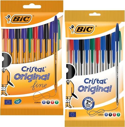 BIC Cristal Fine Ballpoint Pens with 4 Assorted Ink Colours, Fine Point Pack of 10 (0.8mm) And 10 Stick Ballpoint Pen 1.0mm Black/Blue/Green/Red (Total 20 Pens)