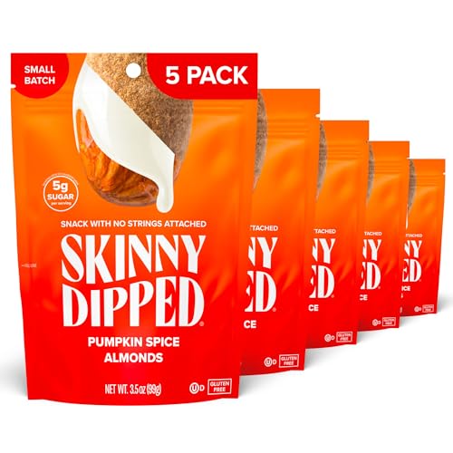 Image of SkinnyDipped Pumpkin Spice Almonds, Healthy Snack, Plant Protein, Gluten Free, 3.5 oz Resealable Bags, Pack of 5
