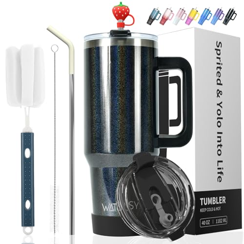 WATERSY Doppelwandiger 40oz Kaffeebecher to Go Thermobecher Edelstahl Vakuum Auslaufsicher Trinkbecher mit Griff und Strohhalm Thermo Tumbler Schwarz Glänzend