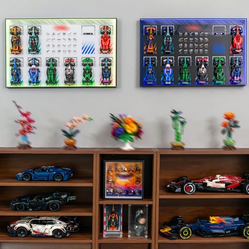 Image of Display Wallboard with RGB LED Lights Compatible with Lego Speed Champions F1 10-in-1 Collector's Pack, 20 Color&22 Lighting Modes, Wall Mount Compatible with Lego 66802 Collectible F1 Model Car Kit