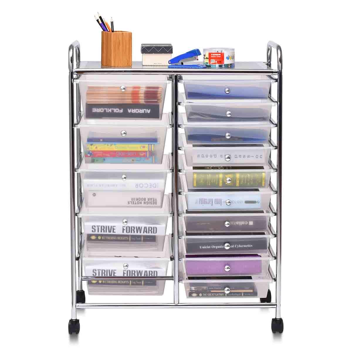 Chariot De Rangement 15 Tiroirs Avec Cadre Métal - Dimensions 63x37x87 Cm - 4 Roulettes Dont 2 Freinées - Capacité Charge 27.5 Kg