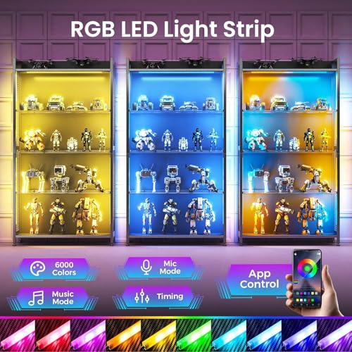 Image of AODK Display Case with Glass Shelves & RGB Lights, 4-Tier Display Cabinet | LED Display Shelf with Industrial Metal Mesh & Open Shelf Design for Collectibles, Black Curio Cabinet, Book Case