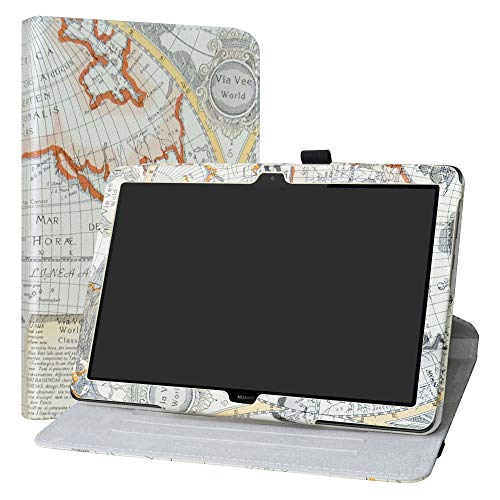 MediaPad T5 10 Case,Labanema Premium PU Leather 360 Degree Rotating Flip Cover for Huawei MediaPad T5 10 Inch 2018 Tablet - Map White