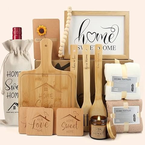 House Warming Gifts New Home,Housewarming Gifts,17 Pcs Housewarming Gifts for New House,Home Sweet Home Bamboo Serving Board New Home Gift Basket for Couple New Homeowner Valentine Day New Year Gifts Cover