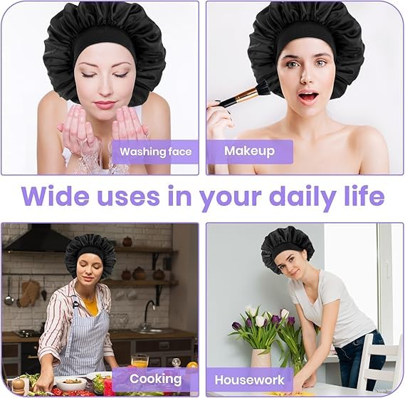 Image of 4 Pcs Double Layer Reversible Satin Bonnet, Large Sleeping Hair Bonnet, Soft Night Sleep Cap for Men, Women, Curly Hair and Braids, Black, Navy, Royal Blue, Wine Red