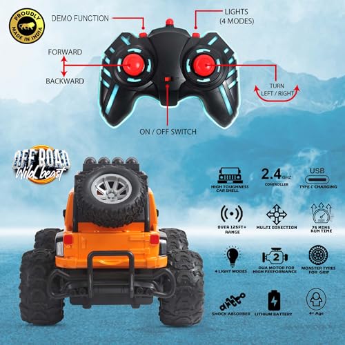 Image of popsugar Off Roader Rechargeable Remote Control Car | RC Car Monster Truck | 4 Headlight Modes | Lithium Battery | C-Type Charging | 2.4GHz Remote Controller | Made in India, Orange