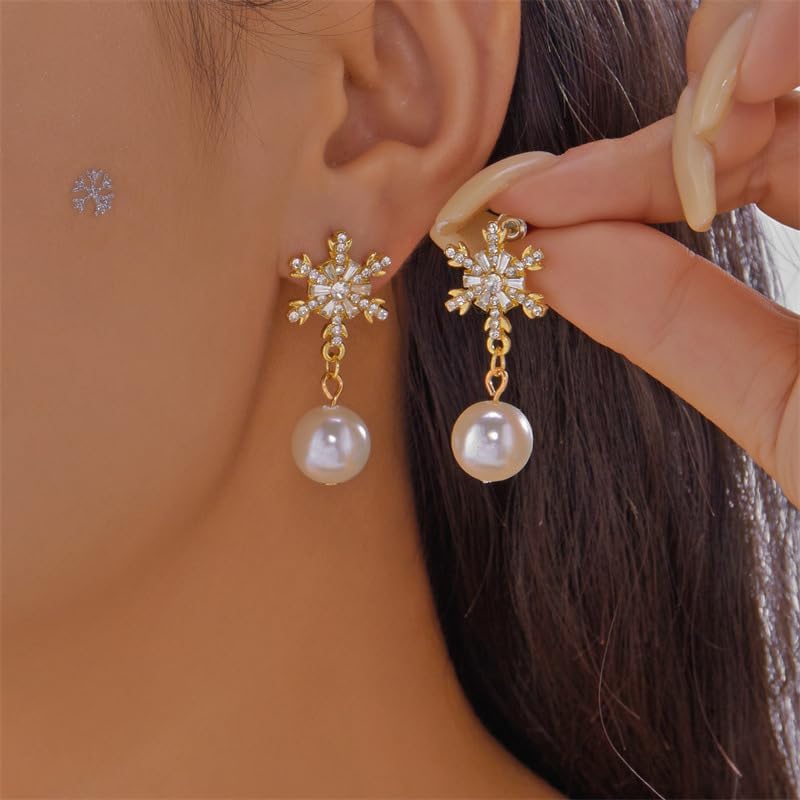Christmas Snowflake Earrings For Women Dainty Sparkly Cz Snowflake Pendant Stud Earrings Winter Pearl Snowflakes Statement Earring Christmas Holiday Party Jewelry For Women - Image 2