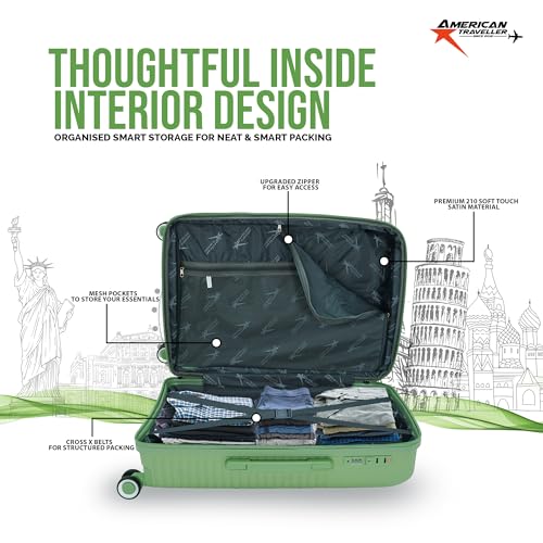 Image of AMERICAN TRAVELLER Touris Travel Trolley Bag Single Small | Lightweight Expandable Polypropylene Hard Shell | Large Suitcase with TSA Lock | 8 Lego Wheels | Travel Luggage for Men & Women (20, Green)