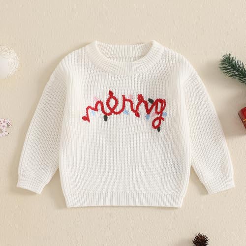 Toddler Girl Merry Print Christmas Sweaters Long Sleeve Letter Embroidery Knit Pullovers Kid Jumper Tops2